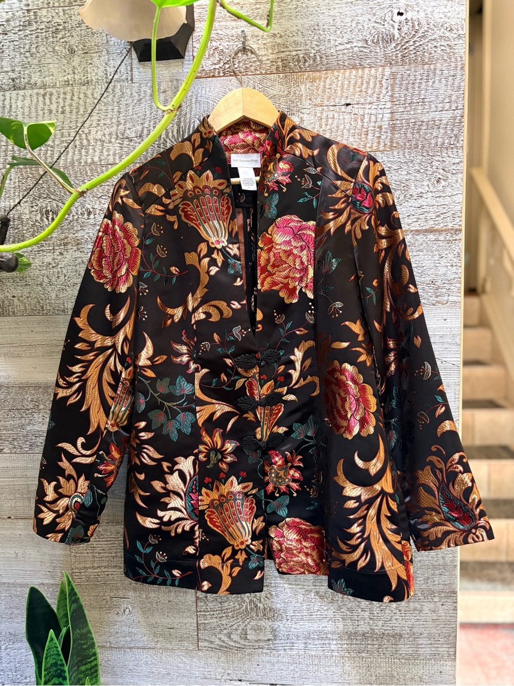 Soft Surroundings | Floral Embroidered Asian-Inspired Brocade Jacket - M, Black